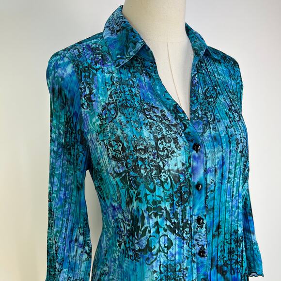 Laura Scott Blue Damask Printed Pleated Stretch Shirt Top - Picture 2 of 8